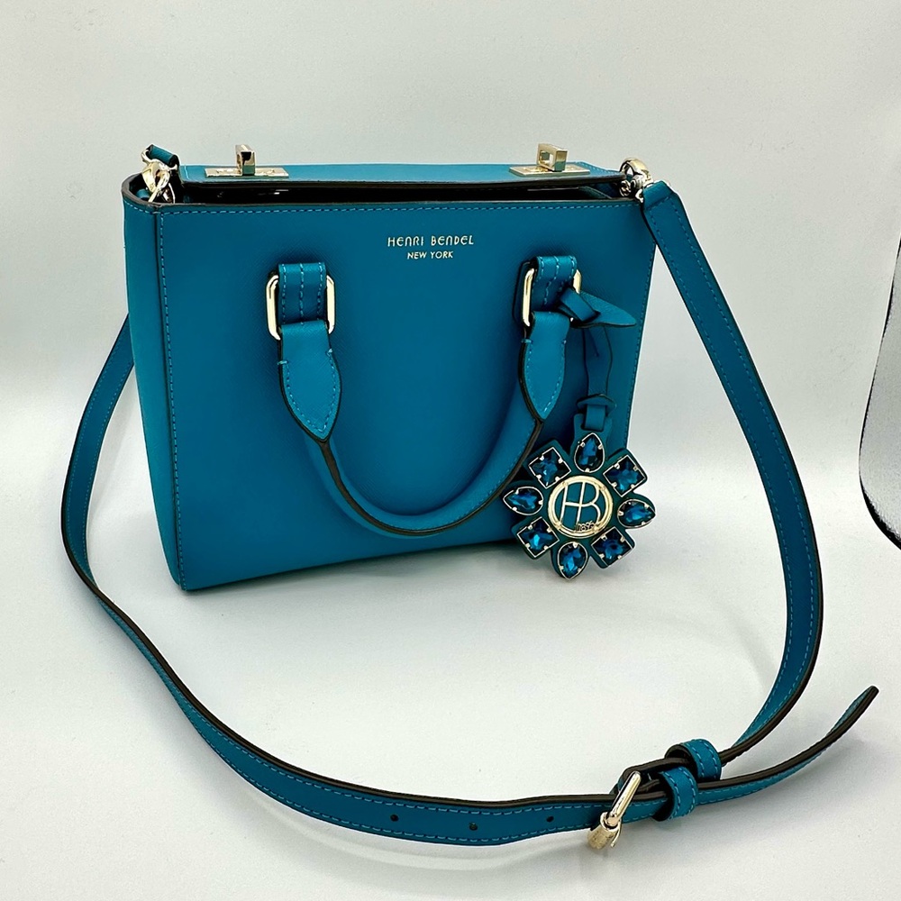 Henri Bendel West 57th Turnlock Satchel in Teal with Crystal Charm Leather